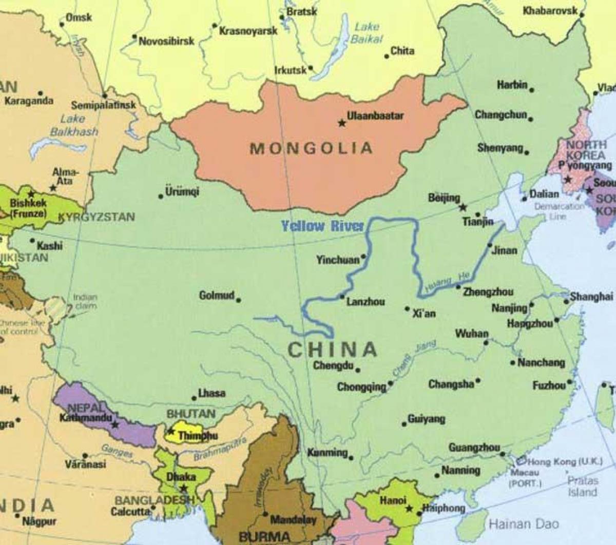 fleuve jaune sur la carte de Chine