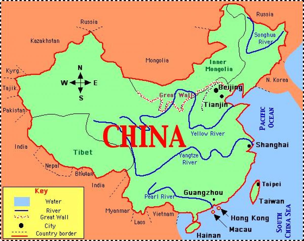 La carte de la chine avec des rivières et des montagnes
