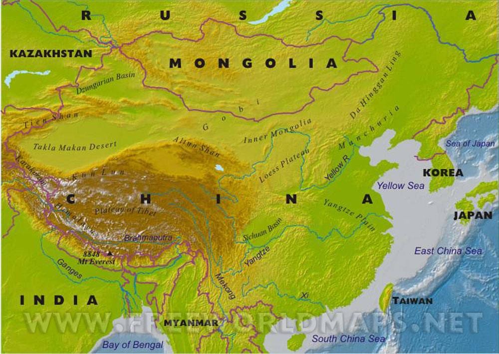 carte de la Chine avec les caractéristiques géographiques