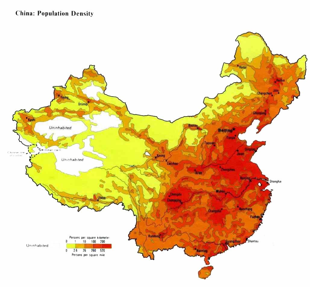 la densité de la population carte de la Chine