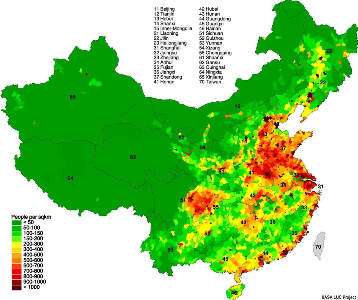 répartition de la population carte de la Chine