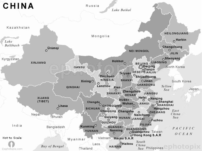 carte de la Chine en noir et blanc