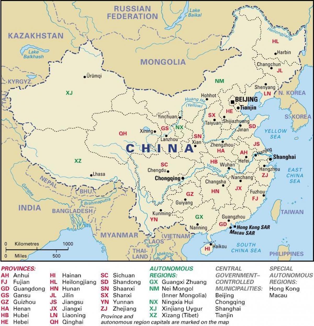 les provinces de la carte de la Chine